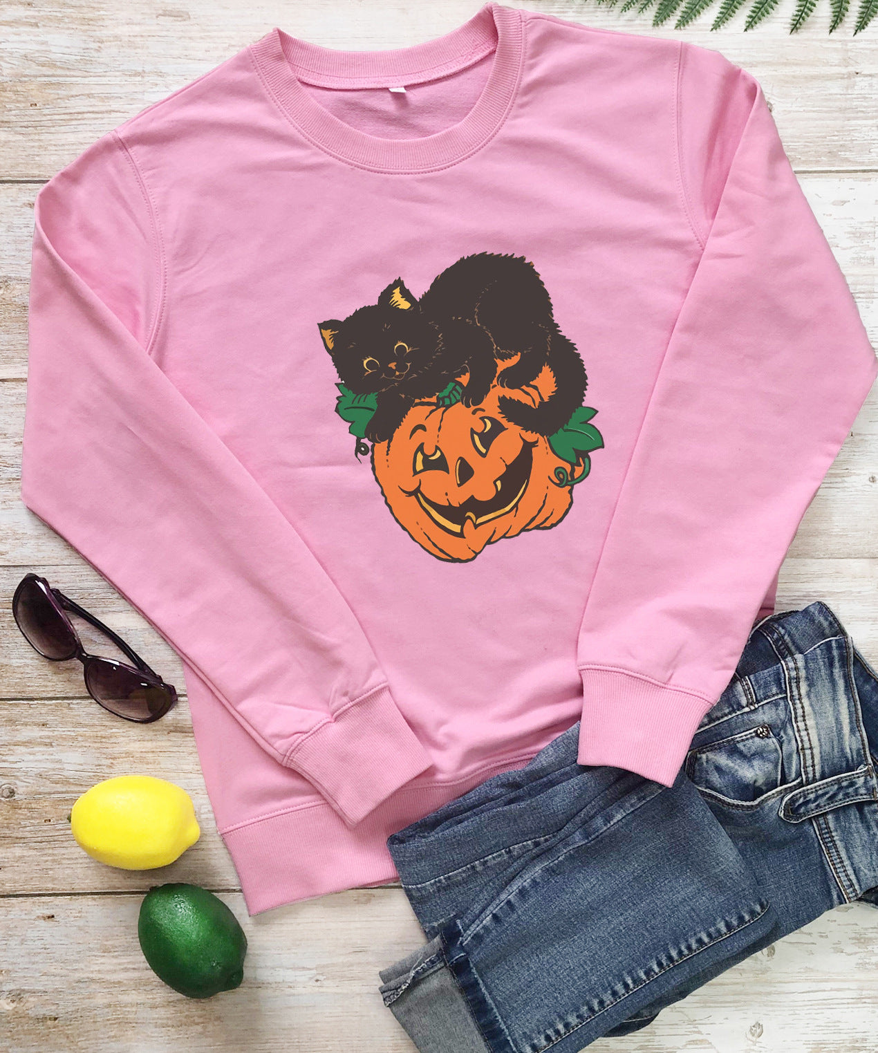 Women's Crew Neck Sweatshirt Halloween Pumpkin Cat