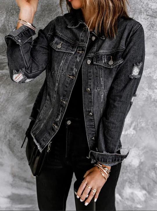 Women's Black Lapel Cardigan Denim Jacket