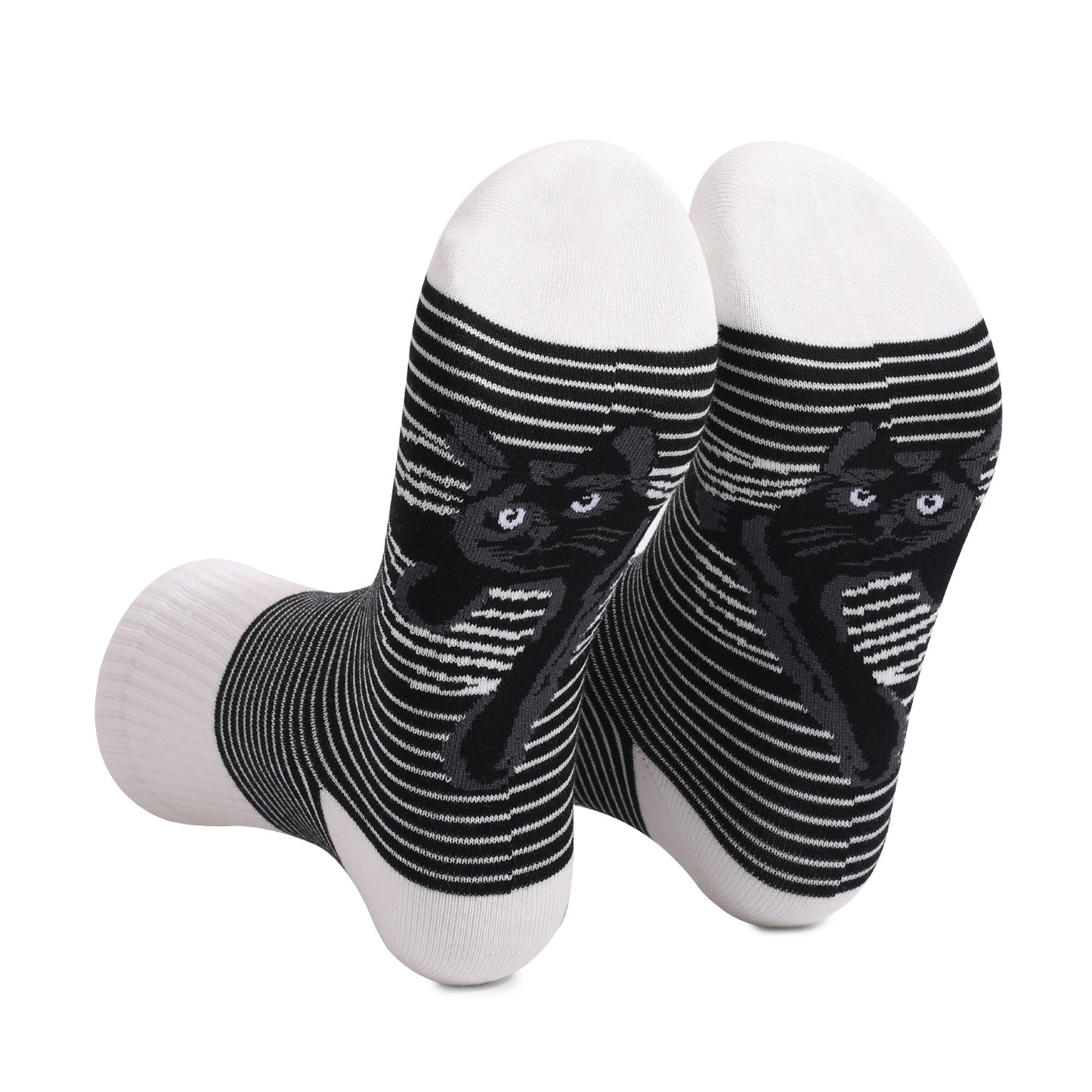 Unisex Black And White Striped Cat Print Socks