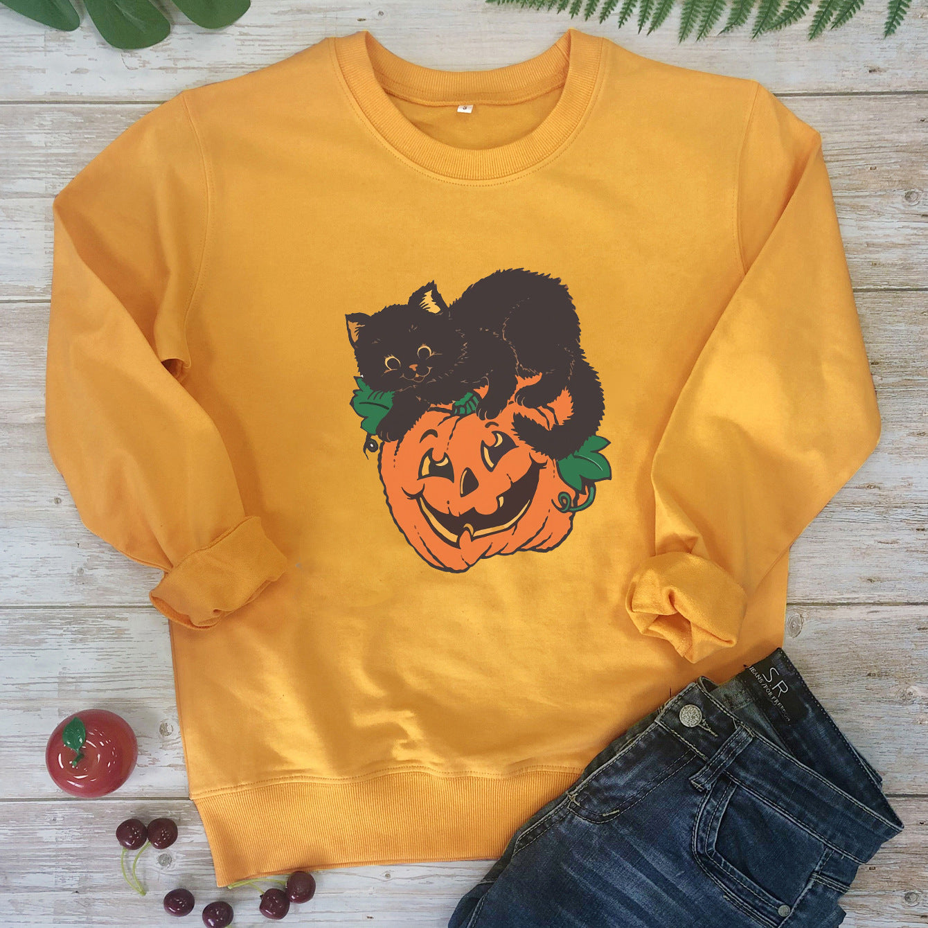 Women's Crew Neck Sweatshirt Halloween Pumpkin Cat