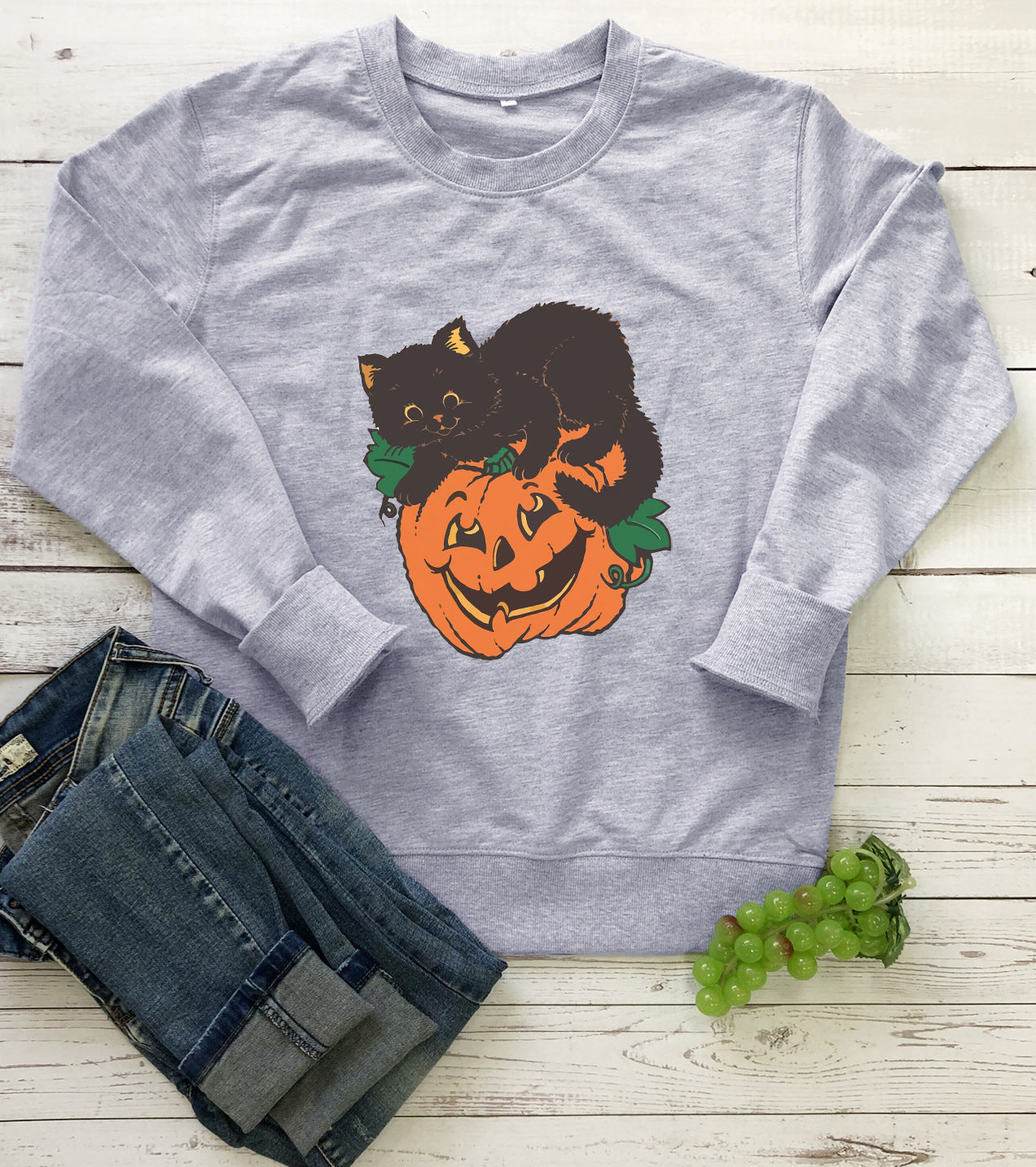 Women's Crew Neck Sweatshirt Halloween Pumpkin Cat