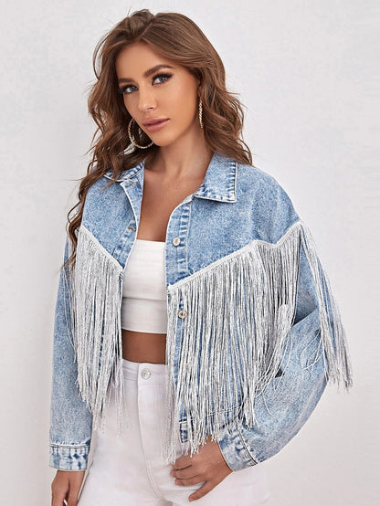 Women's Denim Long Sleeve Fringed Jacket