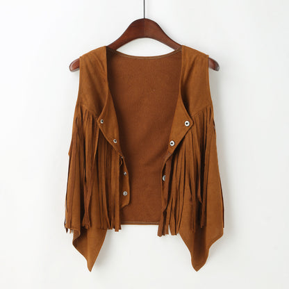 Women's Vintage Western Denim Fringed Sleeveless Jacket