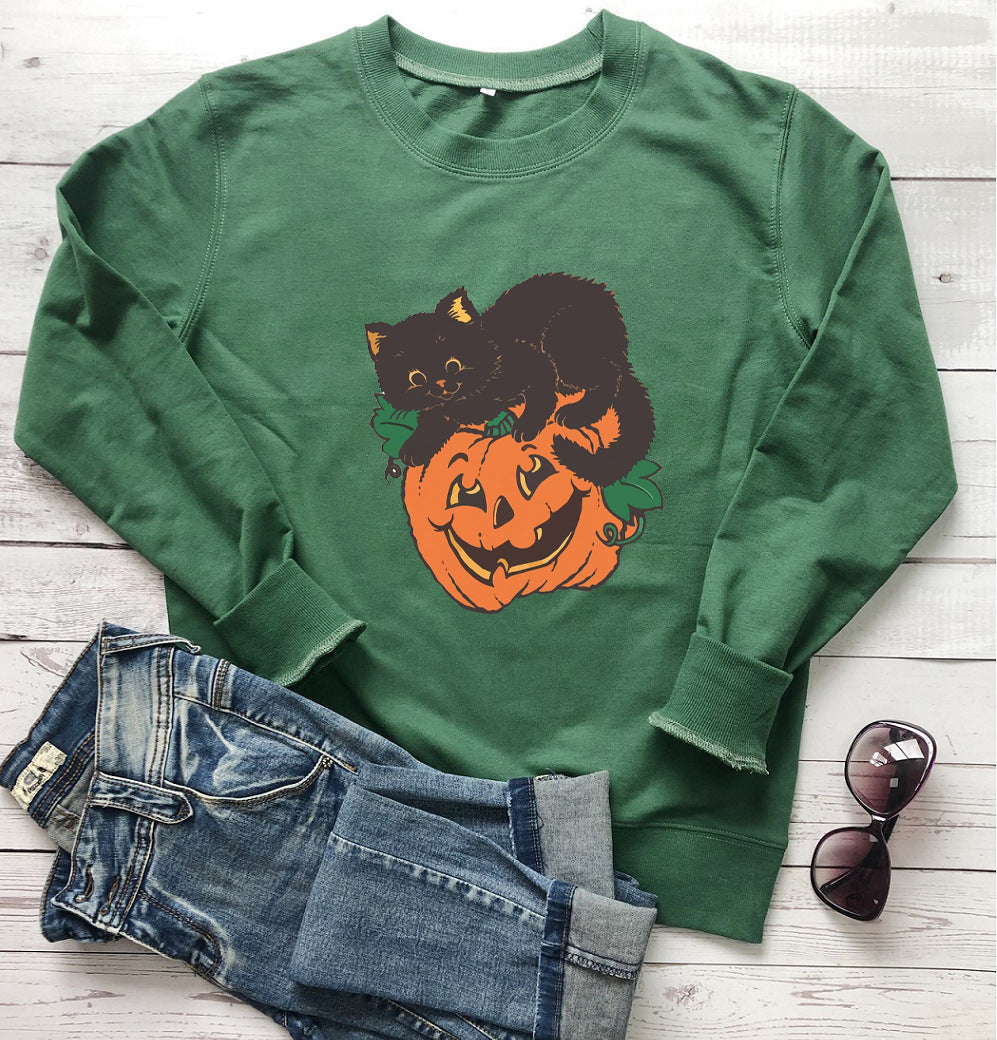 Women's Crew Neck Sweatshirt Halloween Pumpkin Cat