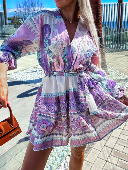 Women's V-Neck Long-Sleeved Printed Mini Dress