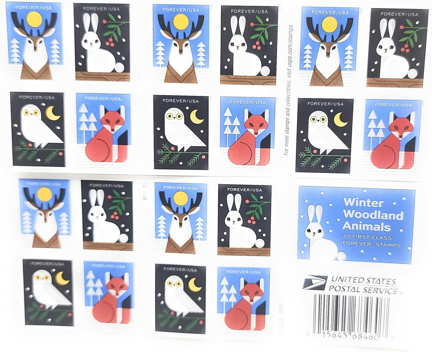 Winter Woodland Animals Forever Postage Stamps (a Deer, Fox, Rabbit, and Owl) 2023