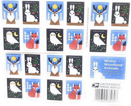 Winter Woodland Animals Forever Postage Stamps (a Deer, Fox, Rabbit, and Owl) 2023