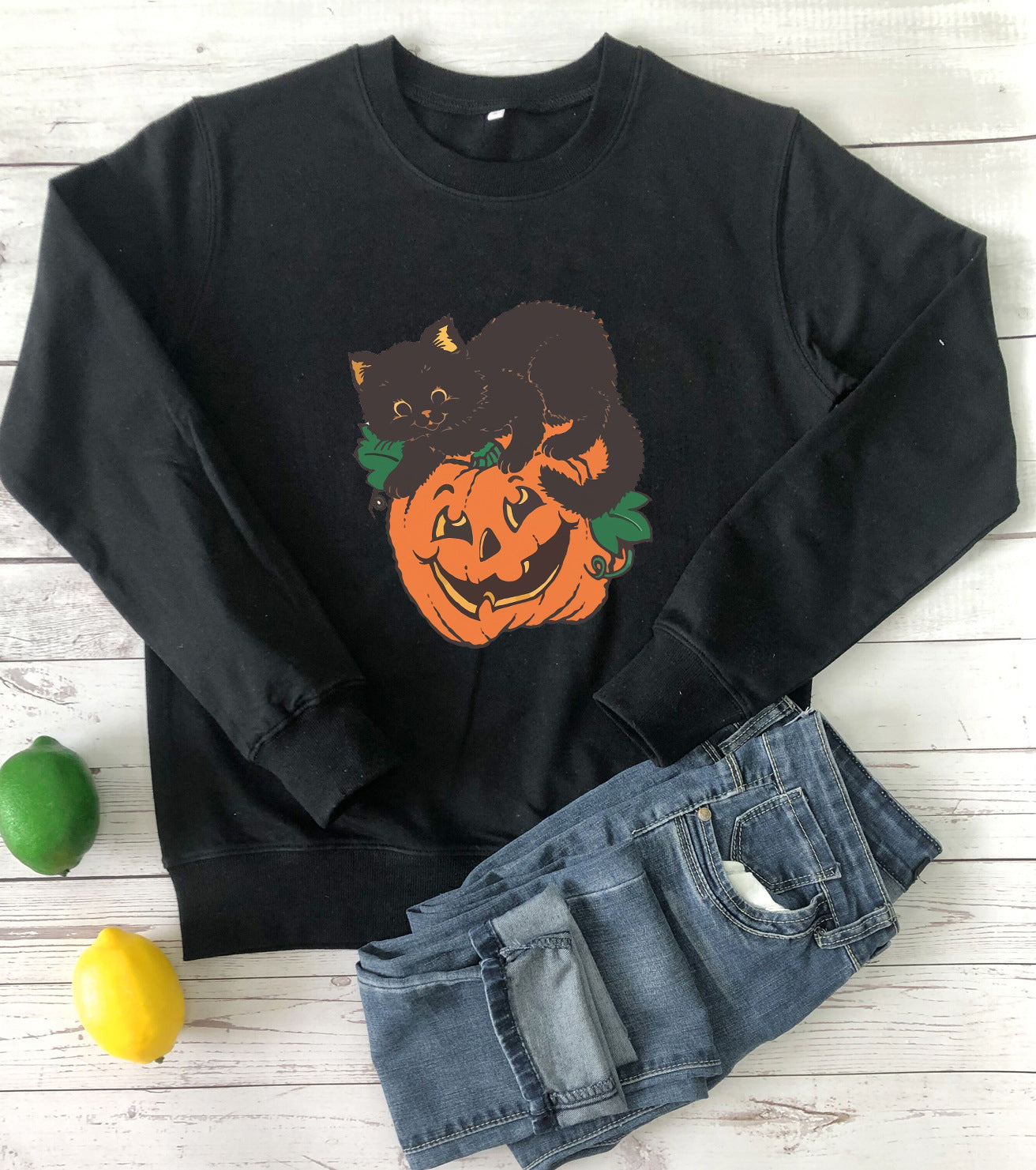 Women's Crew Neck Sweatshirt Halloween Pumpkin Cat