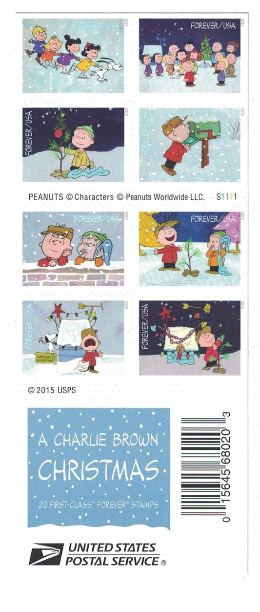 USPS Charlie Brown Xmas Pane of 20 Forever Postage Stamps