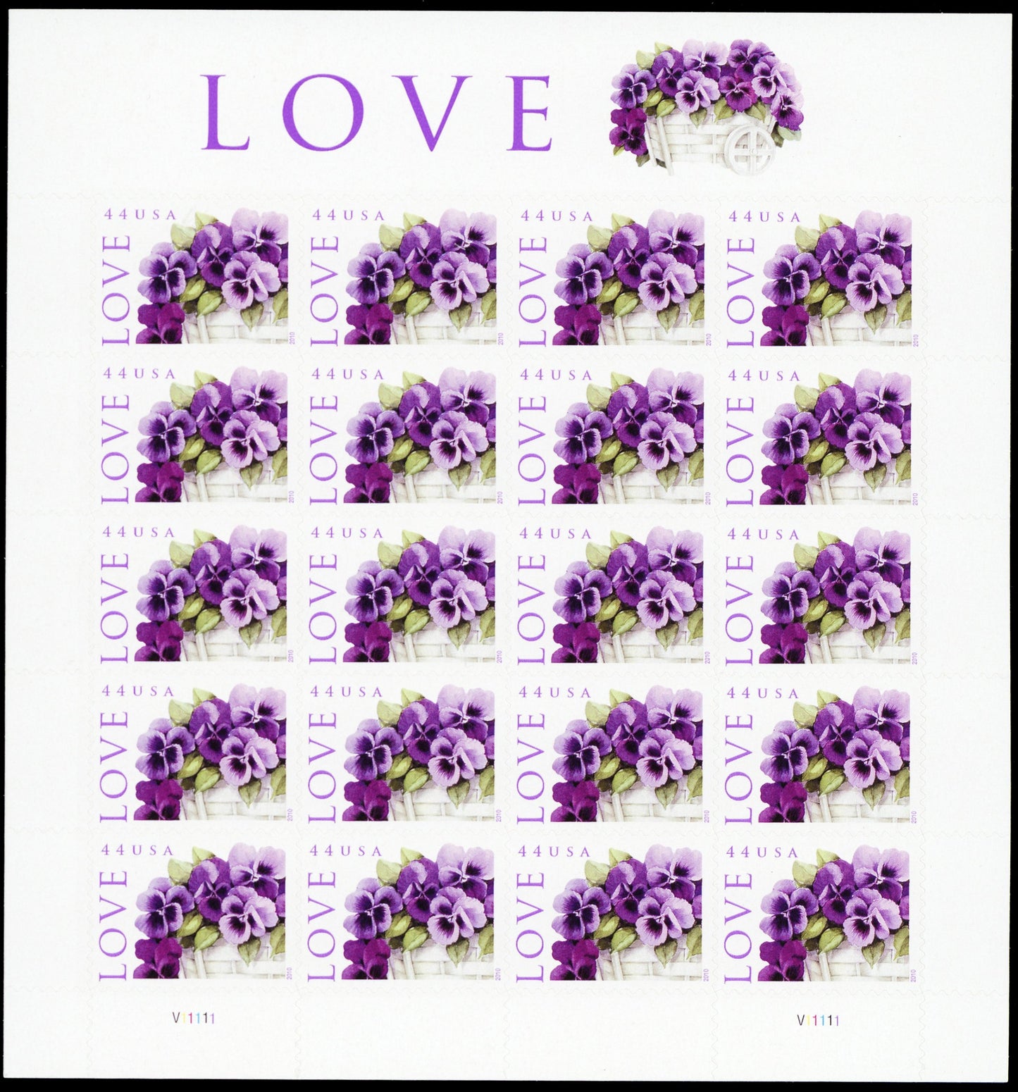 LOVE: Pansies in a Basket Collectible Stamp Sheet of Twenty 44 Cent Stamps