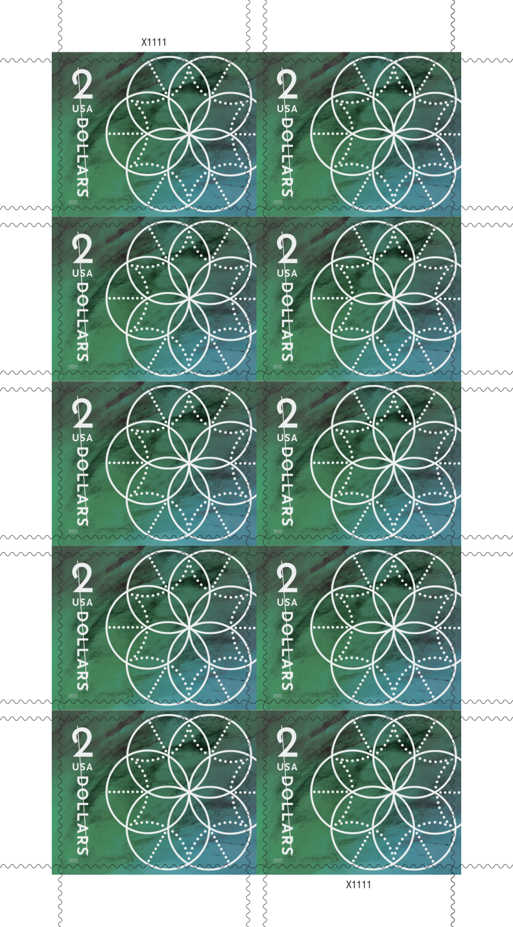 2022 USA Green $2 Floral Geometry Sheet of 10 Stamps