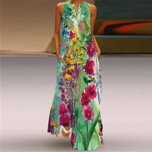 Women's Sleeveless Summer Floral Print Maxi Dress