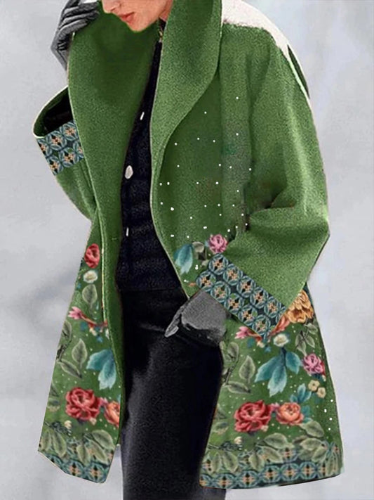 Women's Green Collar Printed Lapel Jacket