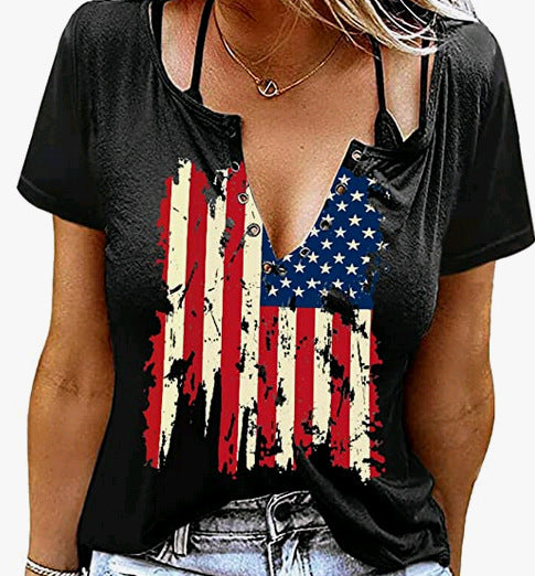Women's Independence Day American Flag Print V-Neck T-Shirt
