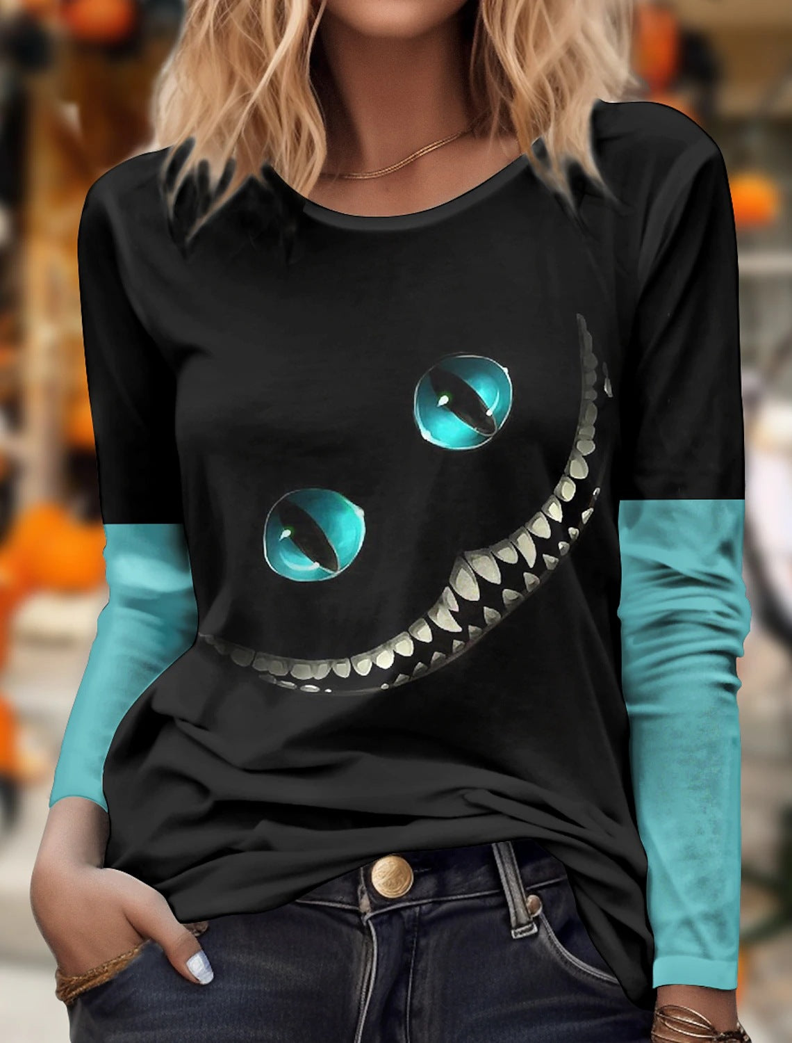 Women's Halloween Smiley Kitten Short Sleeve T-Shirt