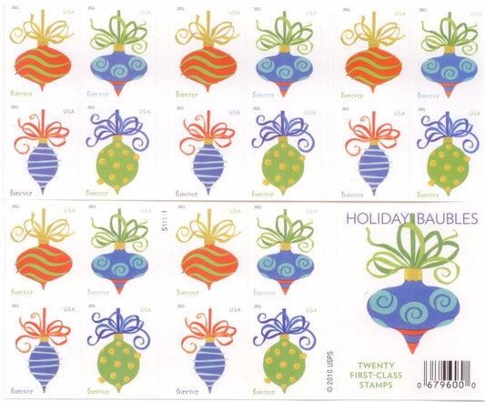 2011 US Holiday Baubles Forever Stamps Booklet of 20
