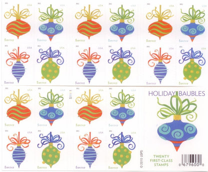 2011 US Holiday Baubles Forever Stamps Booklet of 20