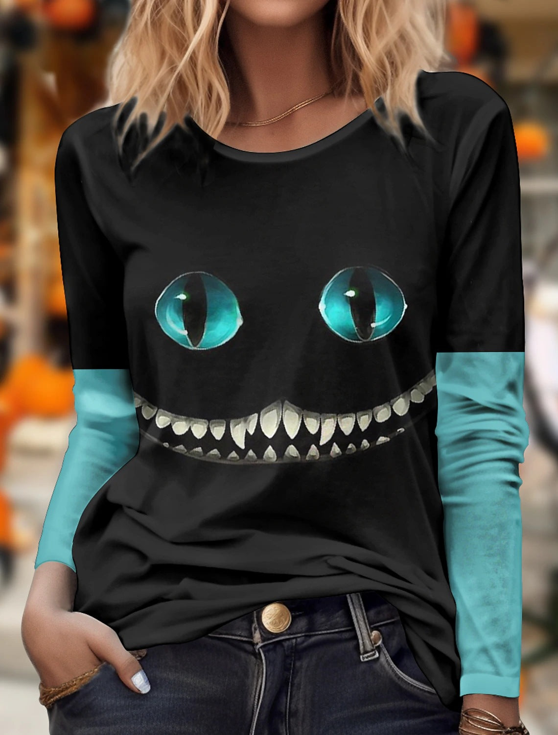 Women's Halloween Smiley Kitten Short Sleeve T-Shirt