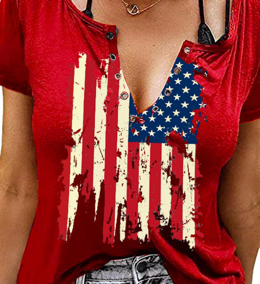 Women's Independence Day American Flag Print V-Neck T-Shirt