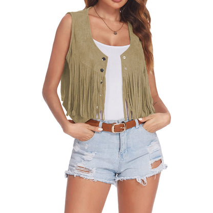 Women's Vintage Western Denim Fringed Sleeveless Jacket