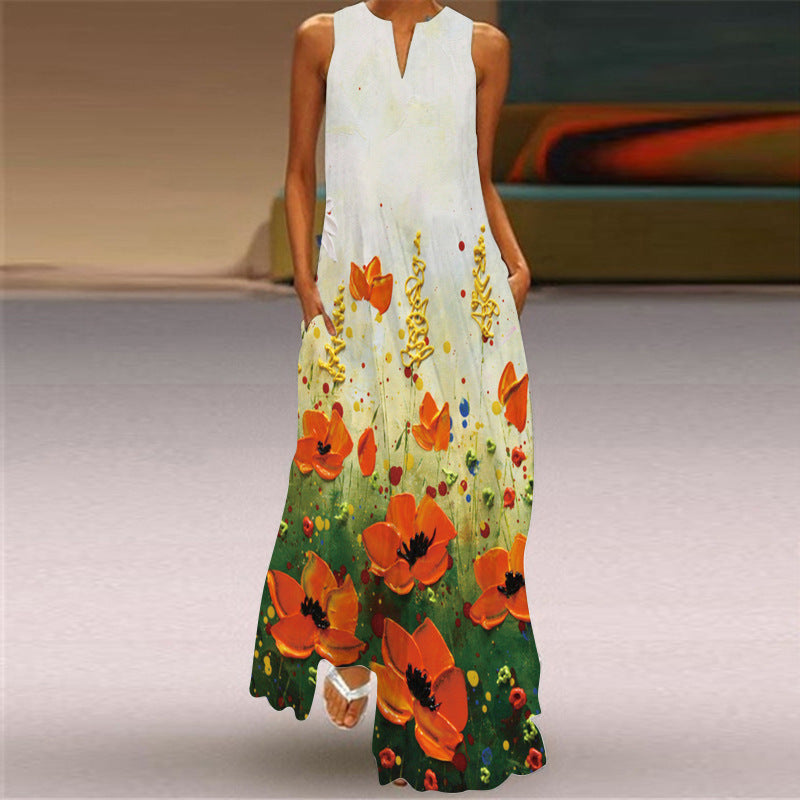 Women's Sleeveless Summer Floral Print Maxi Dress