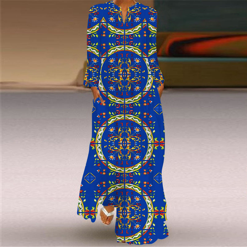 Printed Maxi Dress Woman Long Sleeve Dress