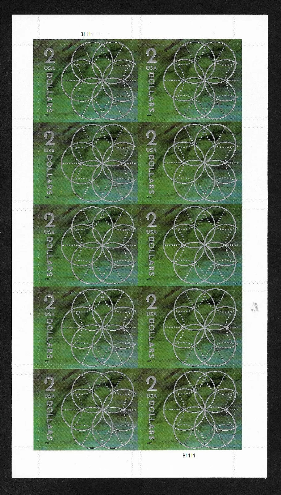 2022 USA Green $2 Floral Geometry Sheet of 10 Stamps