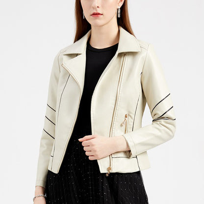 Slim Fit Stand Collar Leather Jacket For Women