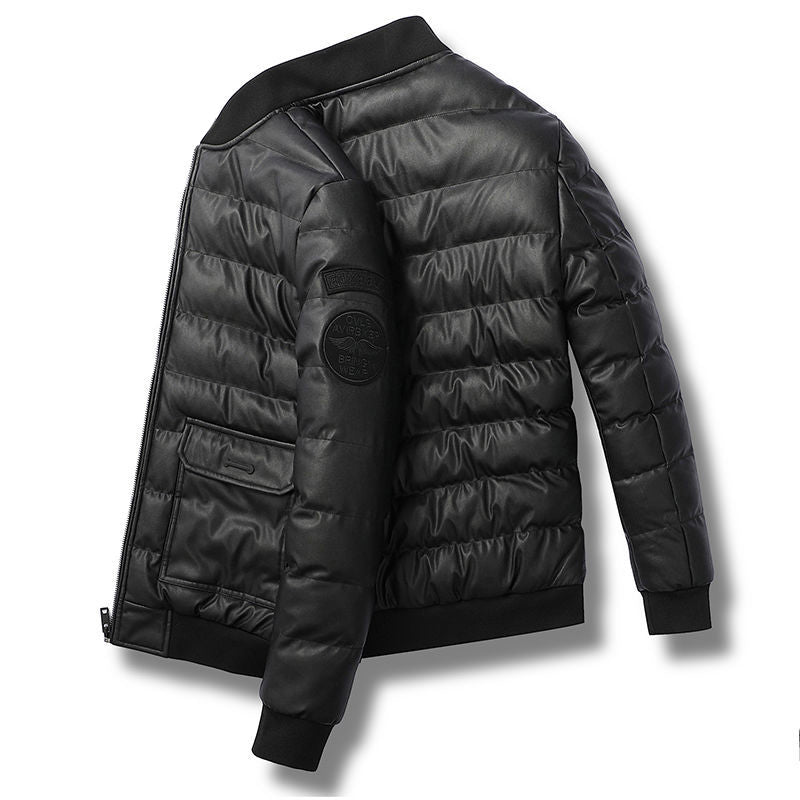 Men's PU Leather Stand Collar Winter Jacket