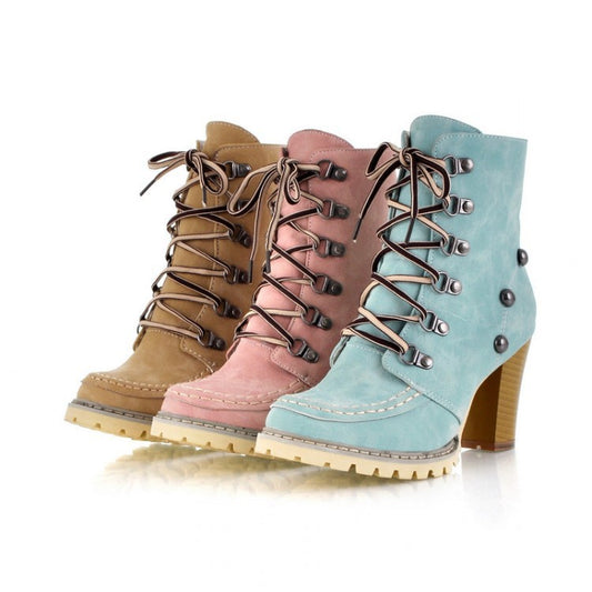 Woman Fashion Lace-up Rivet High Heel Boots