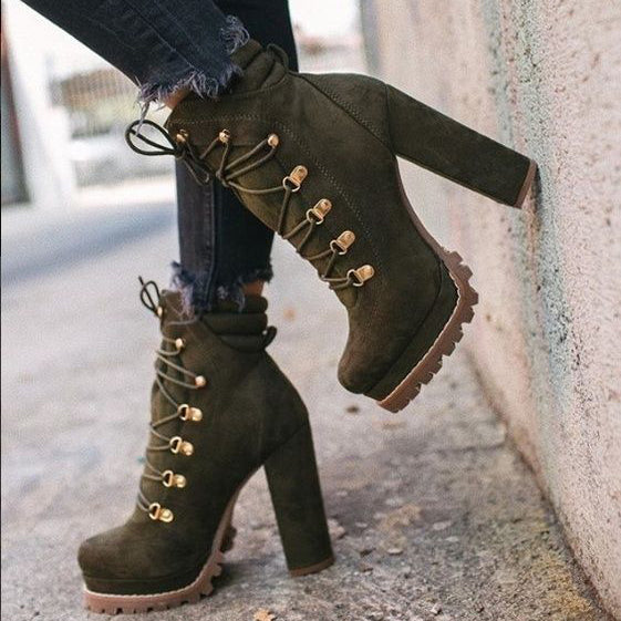 Women's Casual Lace Up High Heel Boots