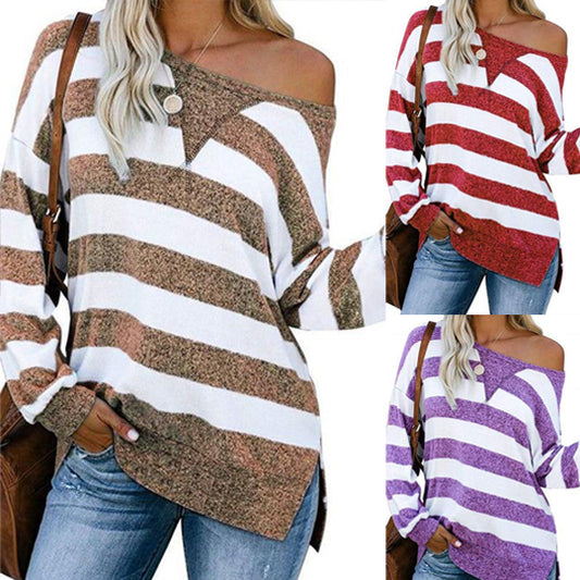 One Shoulder Striped Color Block Women's T-Shirt