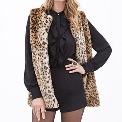 Woman Leopard Print Faux Fur Vest Jacket