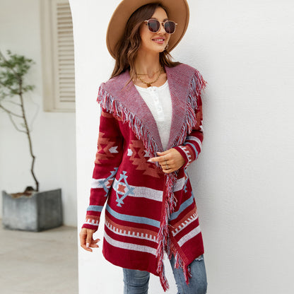 Women's Tassel Hooded Sweater Long Sweater Coat