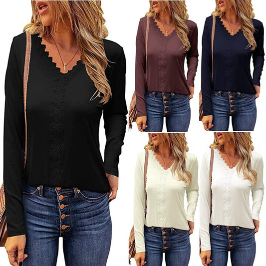 Women's Lace Bottoming Shirt V-neck Long-sleeved T-shirt