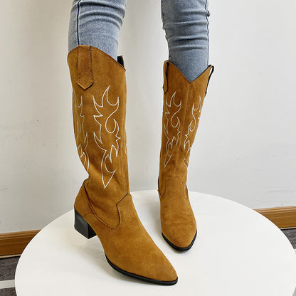 Woman Autumn Western Cowboy Flame Embroidery Boots