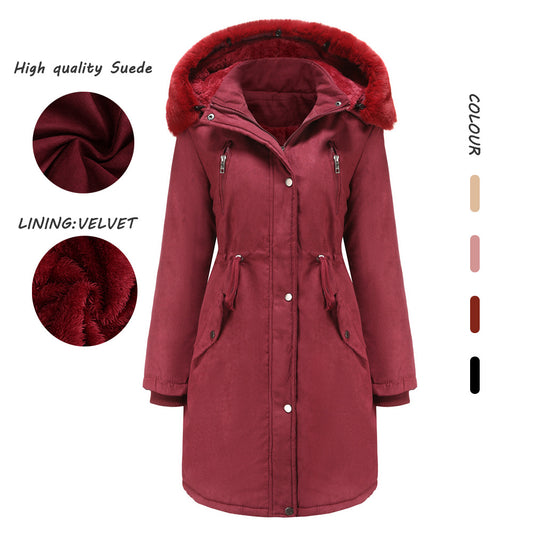 Women's Suede Padded Detachable Hat Large Fur Collar Jacket