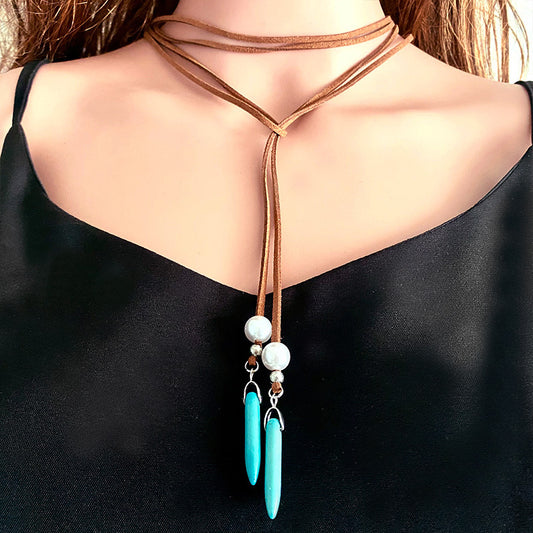 Woman Western Cowboy Turquoise Pearl Pendant Leather Cord Necklace