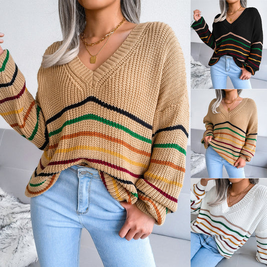 Women's V-neck Striped Casual Loose Sweater