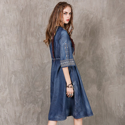 Women Western Denim Embroidery High Quality Dress
