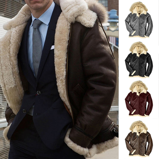 Men's Hooded Jacket Lapel and Velvet Slim Leather Jacket