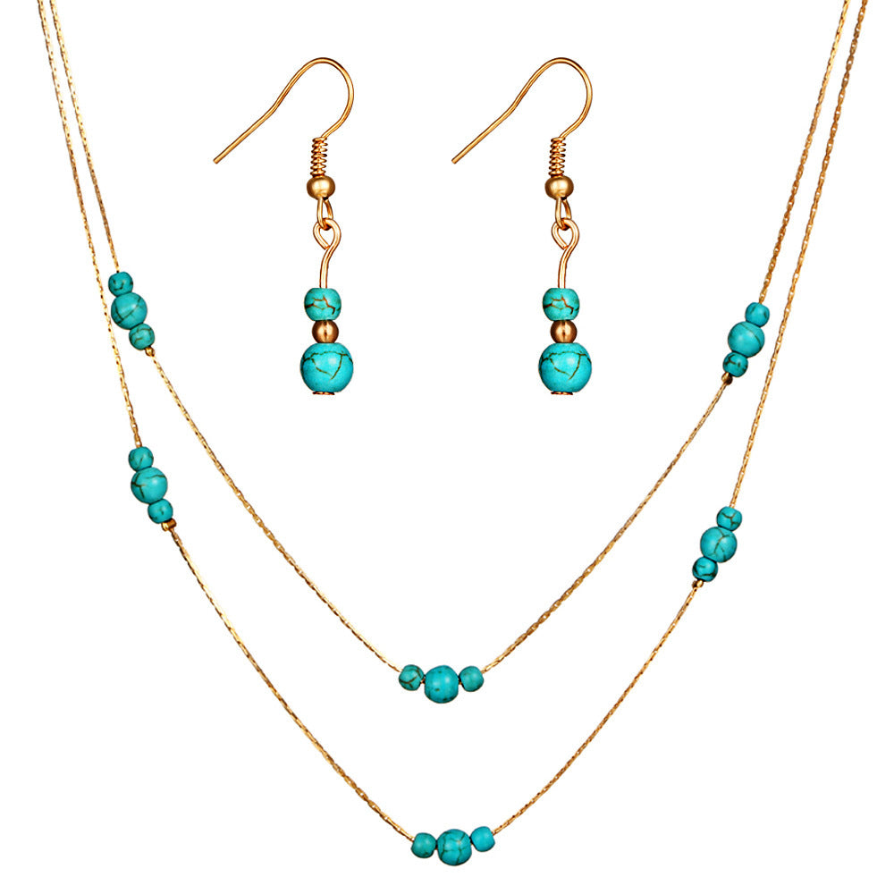 Woman Retro Jewelry Set Turquoise Gemstone Multilayer Necklace Earring Set