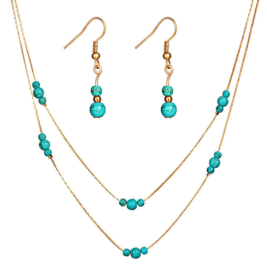 Woman Retro Jewelry Set Turquoise Gemstone Multilayer Necklace Earring Set