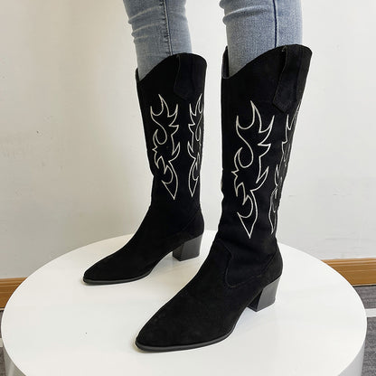 Woman Autumn Western Cowboy Flame Embroidery Boots
