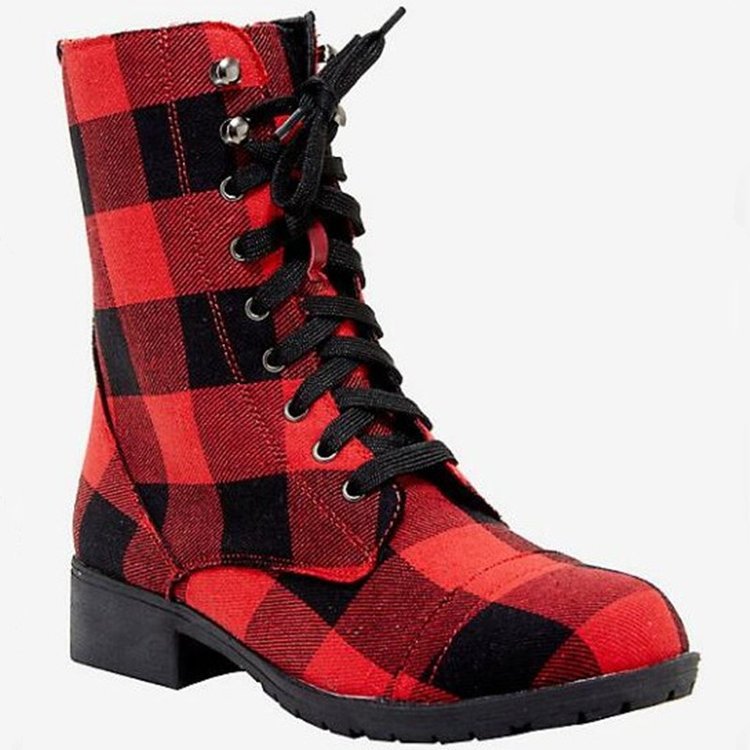 Women's Red Plaid Vintage Chunky Heel Martin Boots