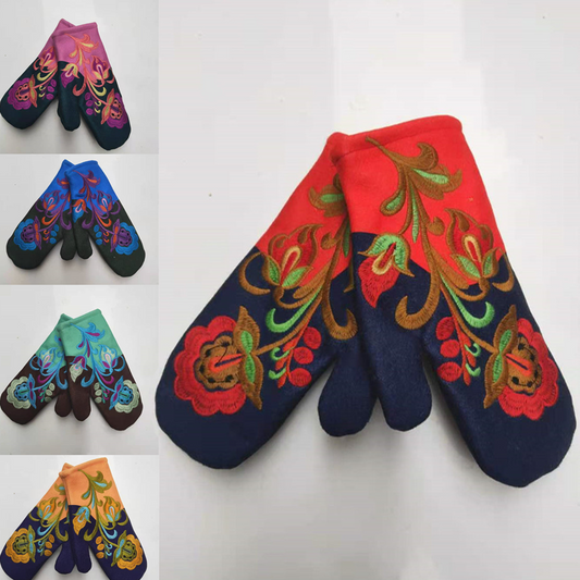 Woman Embroiders Winter Warm Christmas Gloves