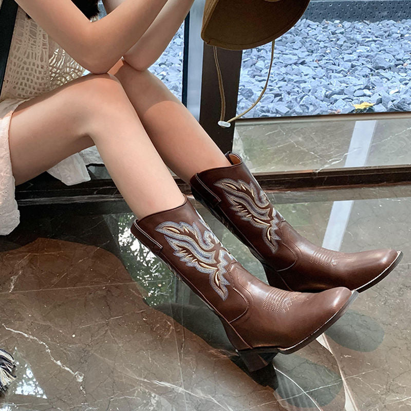 Women's Leather Western Cowboy Embroidered Boots