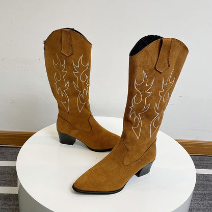 Woman Autumn Western Cowboy Flame Embroidery Boots