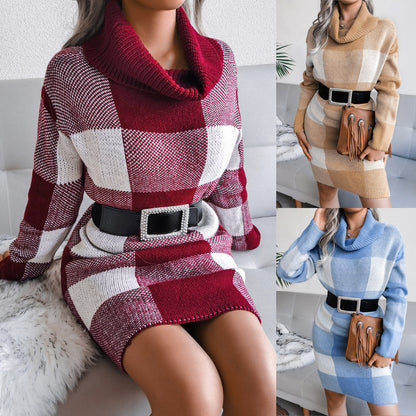Turtleneck Plaid Sweater Skirt Knit Dress