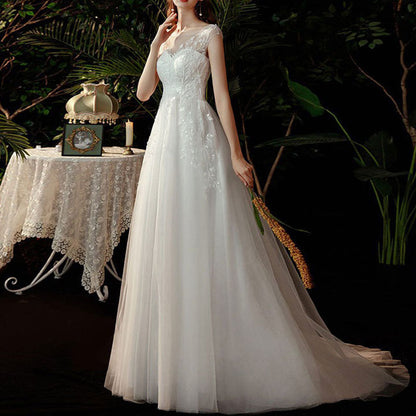 Women Floor Length Short Sleeve Church Wedding Dress